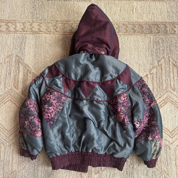 Vintage Patchwork Puffy Coat | 80s 90s Retro Lace + Velvet Hooded Jacket - Picture 2 of 13